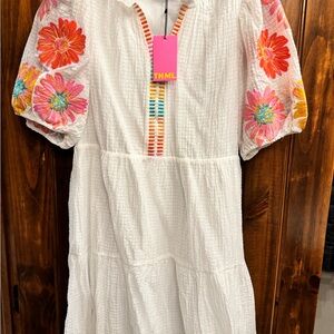 NWT THML White Dress with Colorful Floral Sleeves